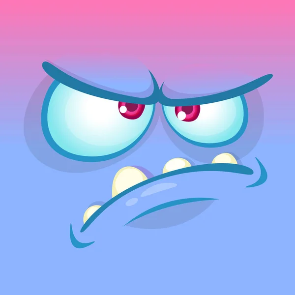 Cara de monstro com raiva de desenhos animados. Vector Halloween azul monstro emoção quadrado avatar — Vetor de Stock