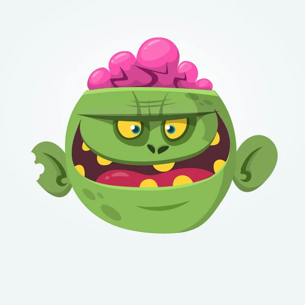 Cartoon groene zombie met roze hersenen buiten het hoofd. Halloween karakter. Vectorillustratie — Stockvector