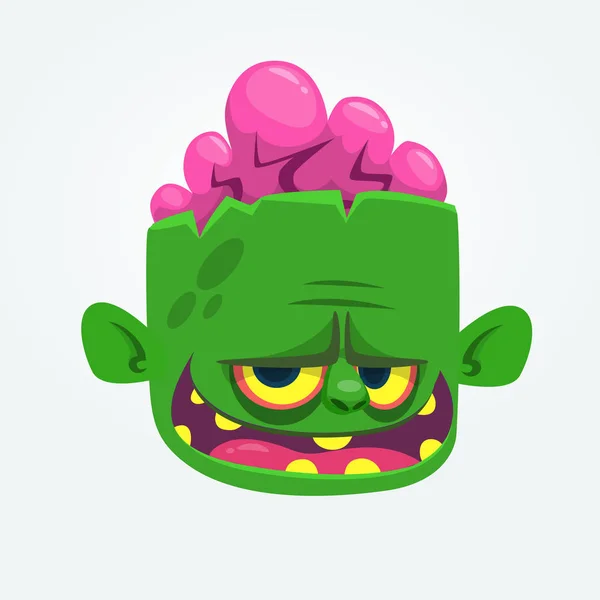 Zombi verde con cerebros rosas fuera de la cabeza. Personaje de Halloween. Dibujos animados vectoriales ilustración — Archivo Imágenes Vectoriales