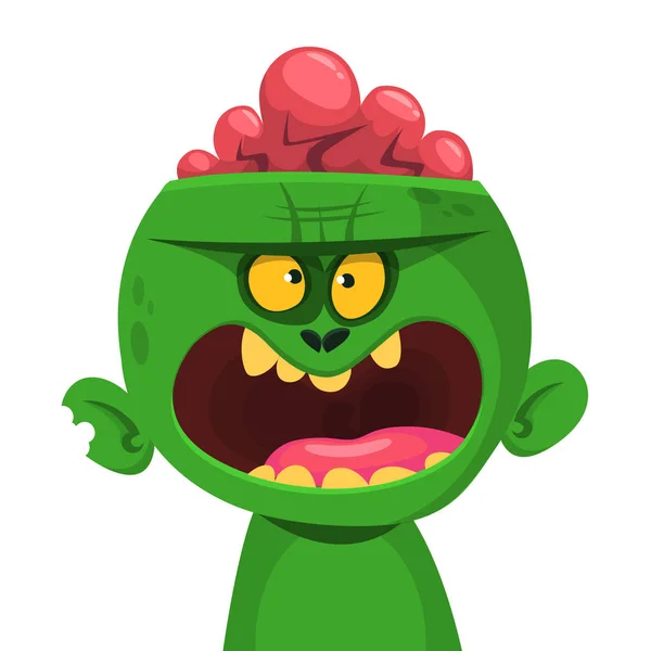 Groene zombie met roze hersenen buiten het hoofd. Halloween karakter. Vectorillustratie — Stockvector