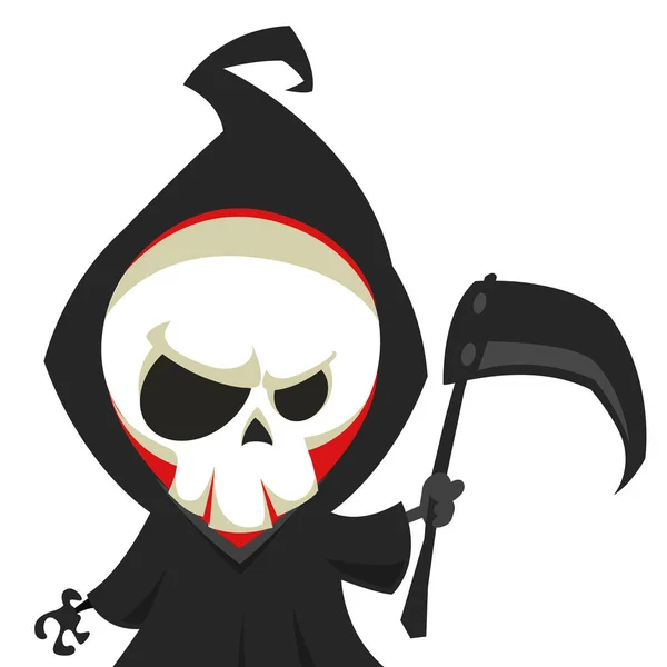 Schattige cartoon grim reaper met zeis geïsoleerd op wit. Vectorillustratie — Stockvector