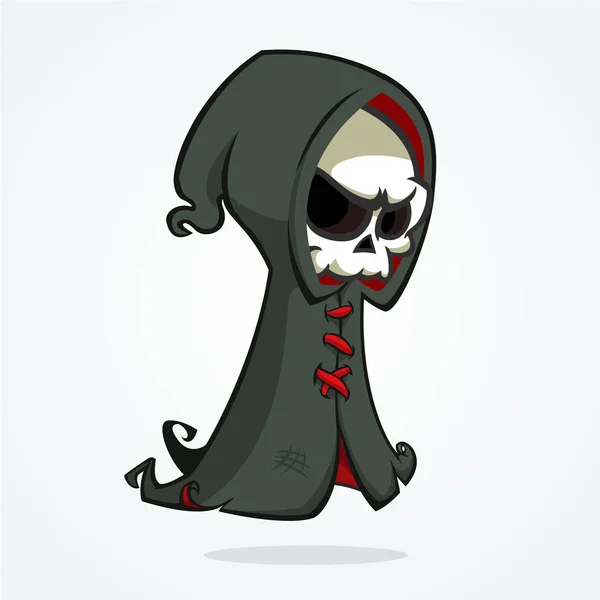 Ceifador bonito caricatura sombrio isolado em branco. Bonito esqueleto de Halloween ícone da morte personagem —  Vetores de Stock