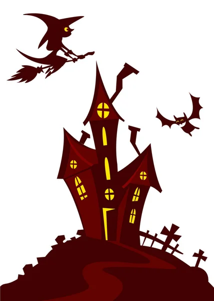 Haunted Mansion - Spooky Haunted House Vector Illustration (en inglés). Silueta de dibujos animados de la casa embrujada — Vector de stock