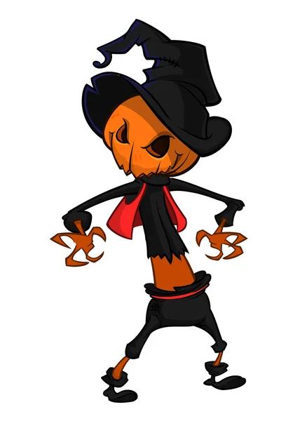 Image vectorielle de Jack O'Lantern avec citrouille orange au lieu d'une tête, dans un manteau sombre et chapeau de sorcière debout et souriant sur un fond blanc. Halloween. Illustration vectorielle . — Image vectorielle