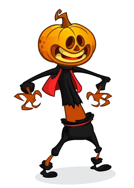 Vector cartoon image of Jack O' Lantern with orange pumpkin instead of a head, in a dark coat and witch hat standing and grinning on a white background. Halloween. Vector illustration. — Stock Vector
