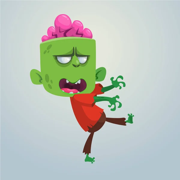 Vector cartoon afbeelding van een grappige groene zombie met een groot hoofd in bruine broek en een rode t-shirt lopen naar rechts op een lichtgrijze achtergrond. Apocalyps, dead, halloween. Vectorillustratie. — Stockvector