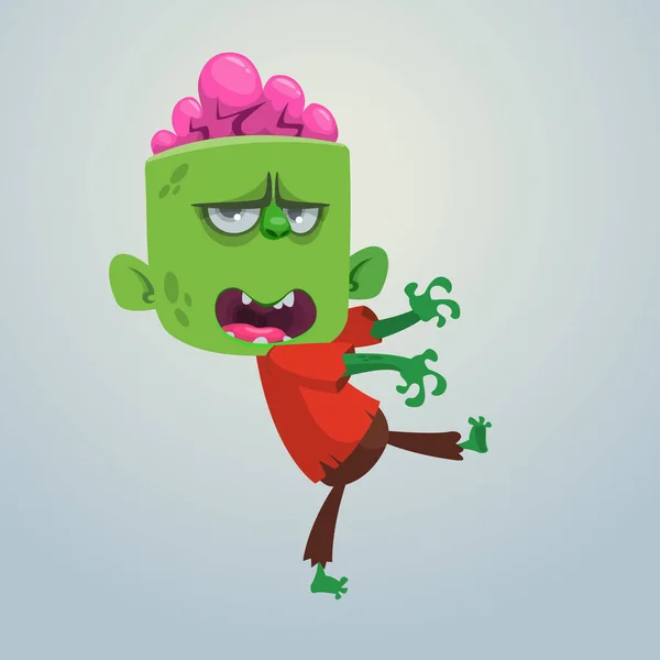 Vector cartoon afbeelding van een grappige groene zombie met een groot hoofd in bruine broek en rood t-shirt die ergens op een lichtgrijze achtergrond worden uitgevoerd. Apocalyps, dead, halloween. Vectorillustratie. — Stockvector