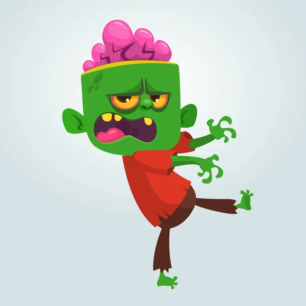 Vector cartoon afbeelding van een grappige groene zombie met een groot hoofd in bruine broek en rood t-shirt wandelen naar rechts en glimlachend op een lichtgrijze achtergrond. Apocalyps, dead, halloween. Vectorillustratie. — Stockvector