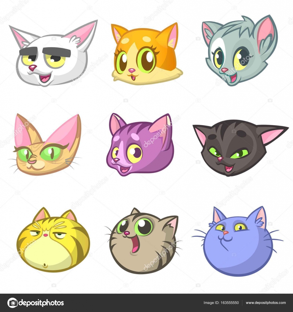 Cartoon Illustration of funny Cats ot Kittens Heads Collection Set