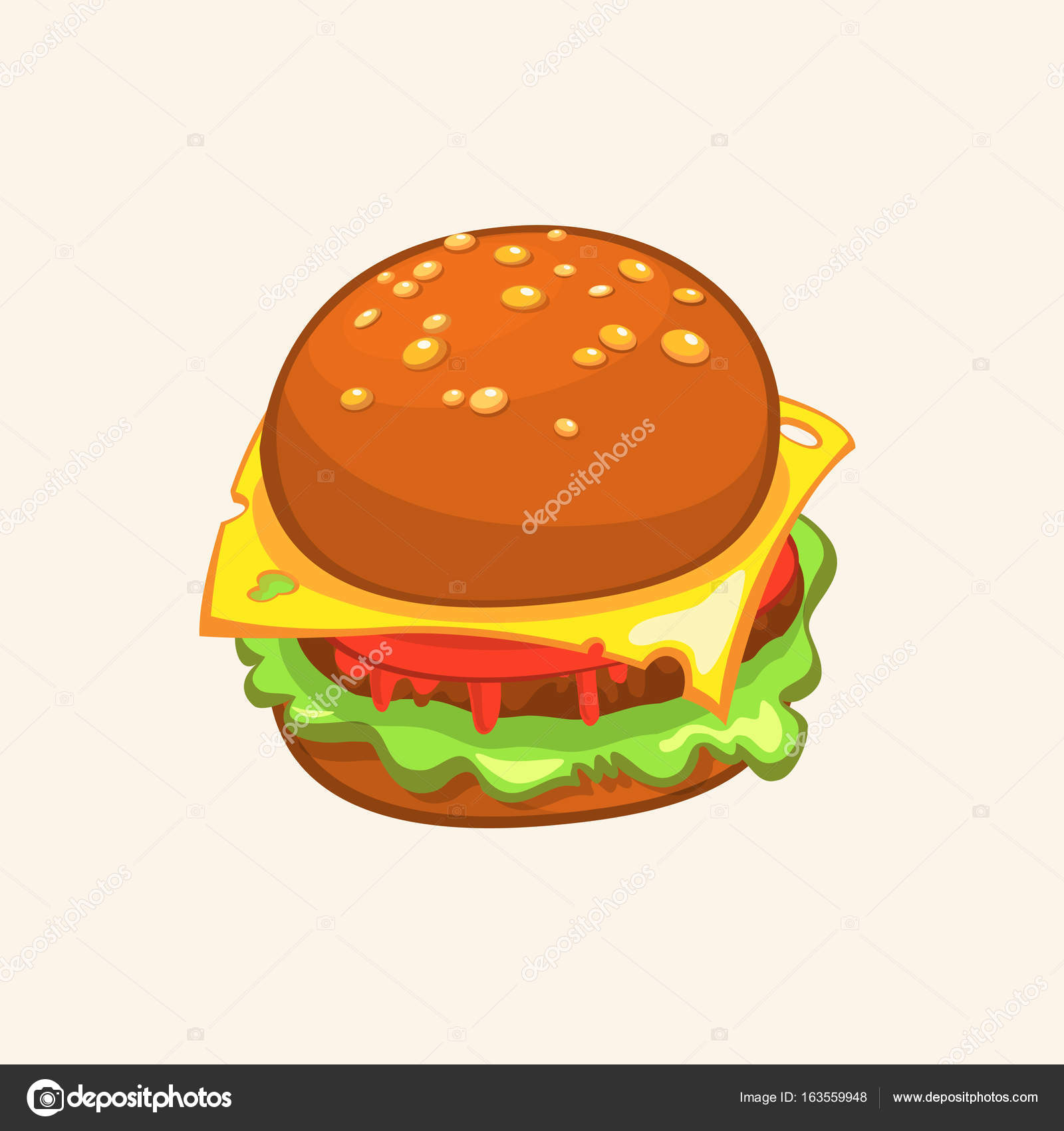 Cartoon Cheeseburger. Vector drawing of hamburger with cheese, tomatoes