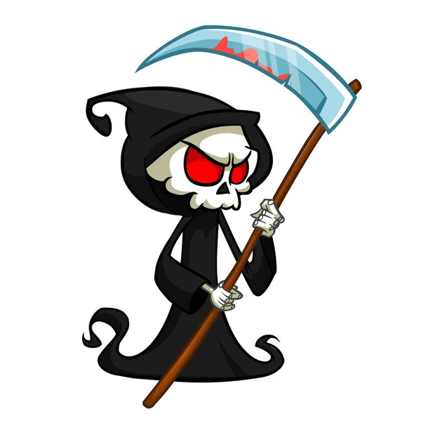 Grimmige Schnitter-Comicfigur mit Sense isoliert auf weißem Hintergrund. Niedliche Todesfigur in schwarzer Kapuze — Stockvektor