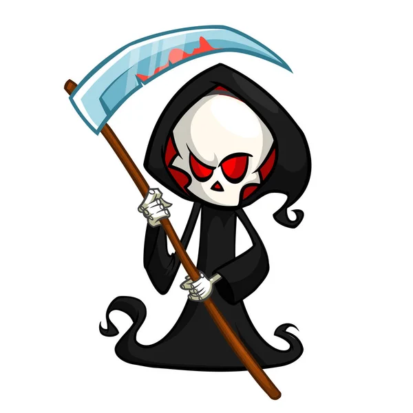 Grim reaper χαρακτήρα κινουμένων σχεδίων με δρεπάνι απομονωθεί σε λευκό φόντο. Γλυκός θάνατος χαρακτήρα σε μαύρη κουκούλα — Διανυσματικό Αρχείο