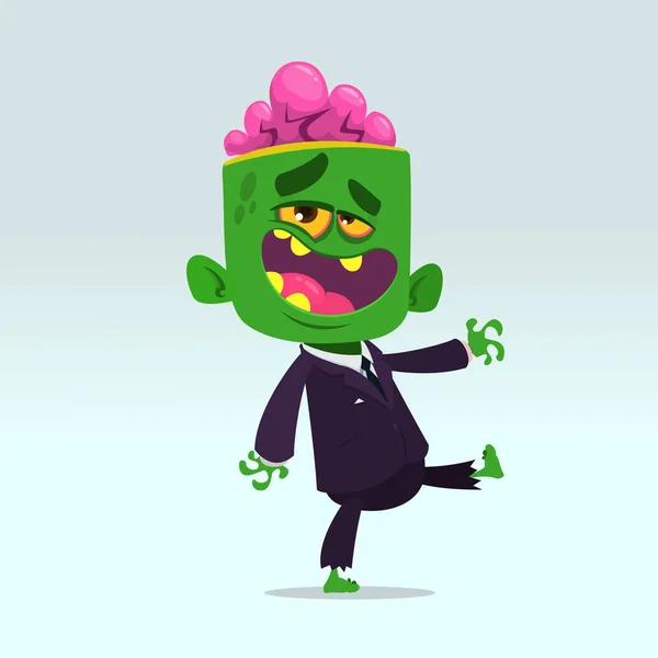 Vector cartoon afbeelding van een grappige groene zombie met een groot hoofd pak geïsoleerd op een lichtgrijze achtergrond. Halloween vectorillustratie. — Stockvector