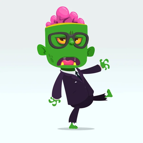 Vektor tecknad roliga gröna zombie med stort huvud kostym isolerad på en grå bakgrund. Halloween vektorillustration. — Stock vektor