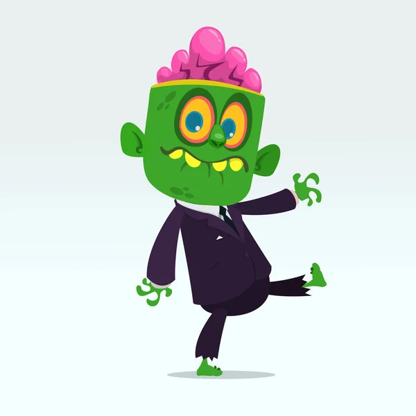 Vector cartoon grappige groene zombie met een groot hoofd pak geïsoleerd op een lichtgrijze achtergrond. Halloween vectorillustratie. — Stockvector