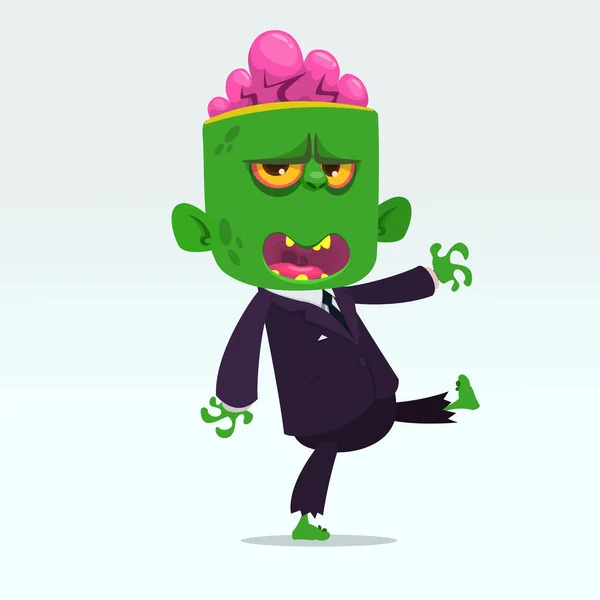 Vector cartoon grappige groene zombie met een groot hoofd pak geïsoleerd op een lichtgrijze achtergrond. Halloween vectorillustratie. — Stockvector