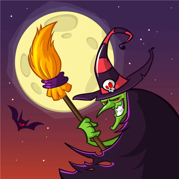 Bruja de dibujos animados con escoba. Ilustración vectorial de Halloween aislada en el aterrador fondo nocturno con luna llena. Cartel o tarjeta de felicitación — Archivo Imágenes Vectoriales