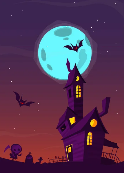 Espeluznante casa embrujada con fantasmas. Fondo de dibujos animados de Halloween. Ilustración vectorial — Vector de stock
