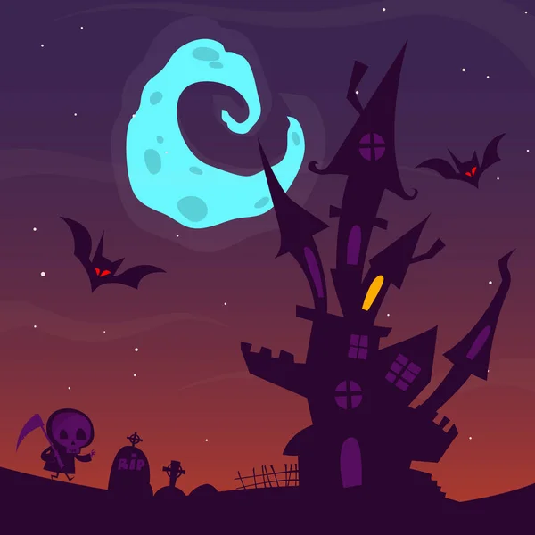 Una casa fantasma espeluznante. Fondo de dibujos animados de Halloween. Ilustración vectorial — Vector de stock