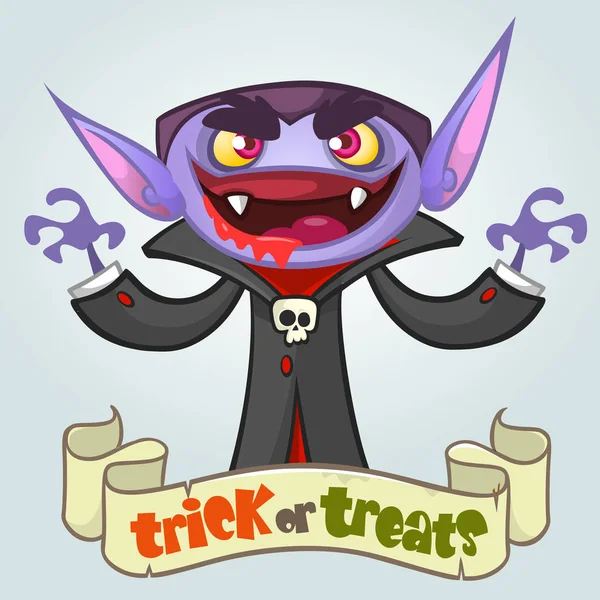 Vampiro de dibujos animados. Ilustración vectorial Halloween. Postal o póster para fiesta — Vector de stock