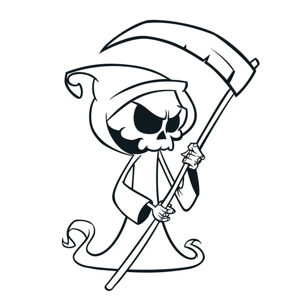 Schattige cartoon grim reaper met zeis geïsoleerd op wit. Cute Halloween skeleton dood karakter schetst. Zeer fijne tekeningen voor kleuren boek — Stockvector