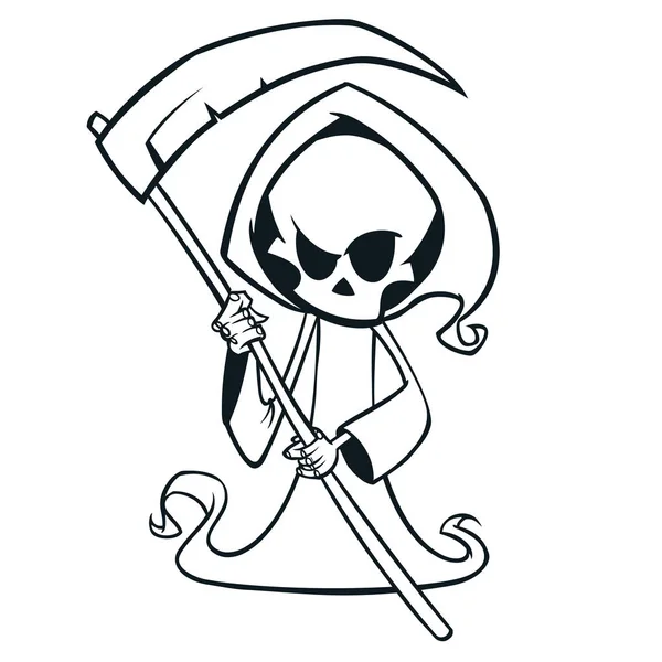Schattige cartoon grim reaper met zeis geïsoleerd op wit. Cute Halloween skeleton dood karakter schetst. Zeer fijne tekeningen voor kleuren boek — Stockvector