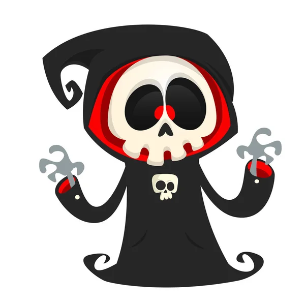 Personaje de dibujos animados Grim Reaper aislado sobre un fondo blanco. Lindo personaje de la muerte en capucha negra — Vector de stock