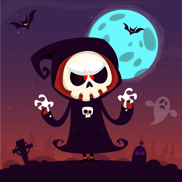 Schattige cartoon grim reaper met zeis poster voor Halloween-feest. Eenvoudige achtergrond met begraafplaats en volle maan — Stockvector