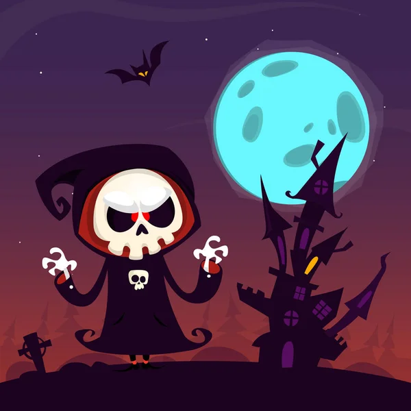 Schattige cartoon grim reaper met zeis poster voor Halloween-feest. Eenvoudige achtergrond met begraafplaats en volle maan — Stockvector