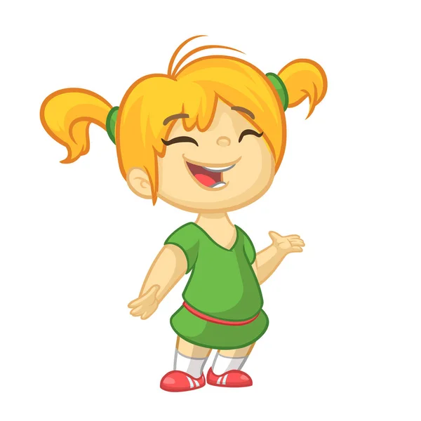 Vector color cartoon image of a cute little girl. Little girl with blonde hair. Little girl in green dress standing and smiling on a white background. Color image outlined. Vector cartoon little girl. — Stock Vector