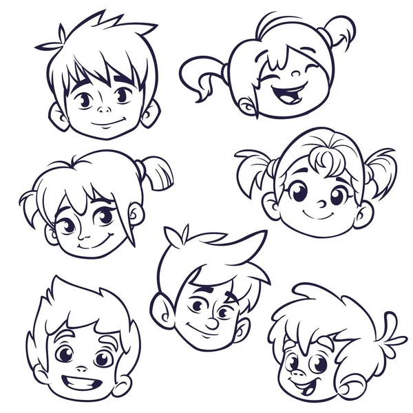 Iconos de cara infantil de dibujos animados. Conjunto vectorial de cabezas de niños o adolescentes delineadas. Recorte de ilustración — Vector de stock
