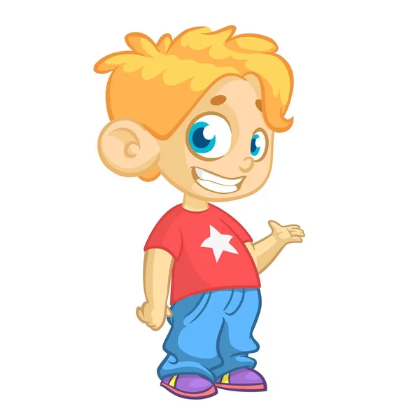 Mignon jeune garçon blond agitant et souriant. Illustration vectorielle de dessin animé d'un adolescent en t-shirt rouge présentant. Icône — Image vectorielle