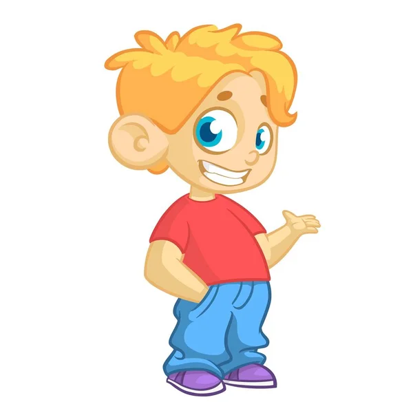 Cute blonde young boy waving and smiling. Vector cartoon  illustration of a teenager in red t-shirt presenting. Icon — Stock Vector