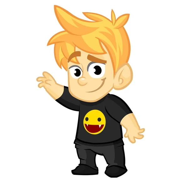 Cartoon Young Boy Rock-n-Roll Fan. Vektor-Illustration des niedlichen blonden Teenagers in schwarzer Kleidung. Symbol — Stockvektor