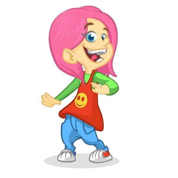 Vector color cartoon image of a cute teenage girl in fashion clothes. Little girl with pink hair. Little girl is dancing and smiling on a white background. Color image with outlines. — Stock Vector