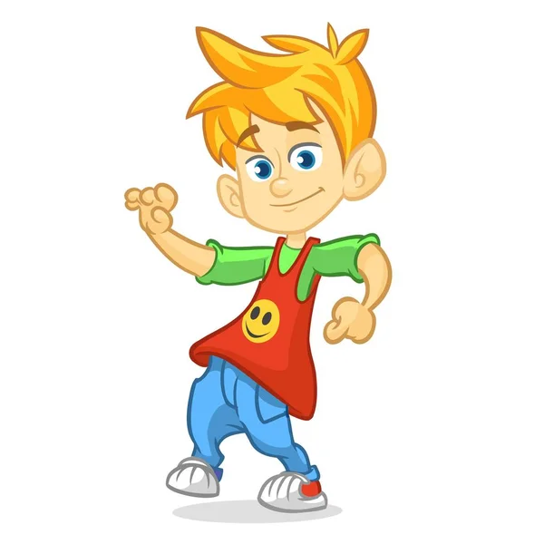 Imagem de desenho animado de cor vetorial de um menino loiro adolescente bonito em roupas de moda. Menino dançando e sorrindo em um fundo branco. Imagem colorida com contornos . —  Vetores de Stock