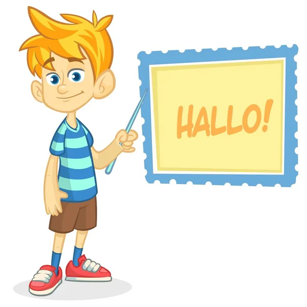 Vektorillustration av blond kille i shorts och randig t-shirt. Tecknad film om en ung pojke utklädd presenterar på en bräda med pekaren — Stock vektor