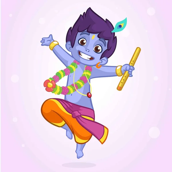 Pequeno desenho animado Krishna com os olhos fechados dançando com uma flauta. Cartão de felicitações para o aniversário de Krishna. Ilustração vetorial isolada sobre fundo branco . — Vetor de Stock