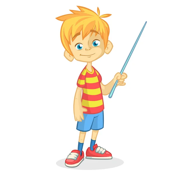 Cartoon little boy in shorts and striped t-shirt. Vector illustration of a funny make presentation with pointer — Stock Vector