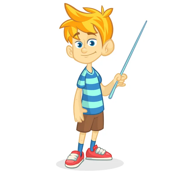 Cartoon little boy in shorts and striped t-shirt. Vector illustration of a funny make presentation with pointer — Stock Vector