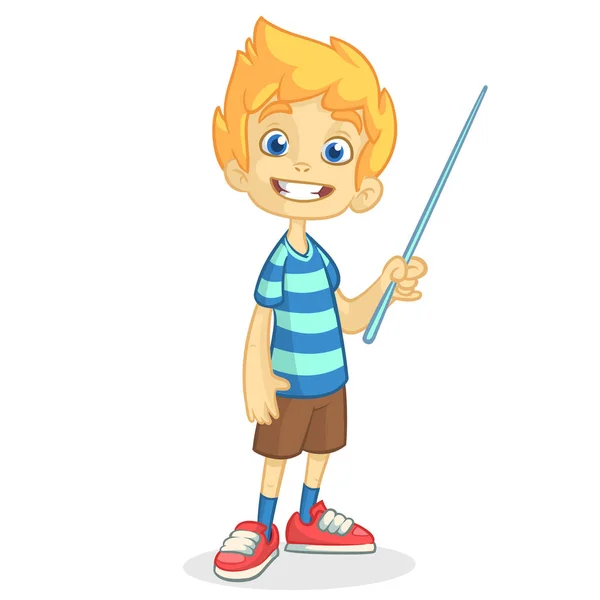 Cartoon little boy in shorts and striped t-shirt. Vector illustration of a funny make presentation with pointer — Stock Vector