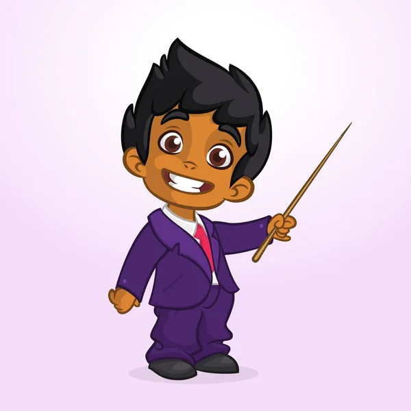 Dibujos animados lindo afro-americano chico hombre de negocios presentando con puntero. Ilustración vectorial de niño árabe o indio presentando — Archivo Imágenes Vectoriales