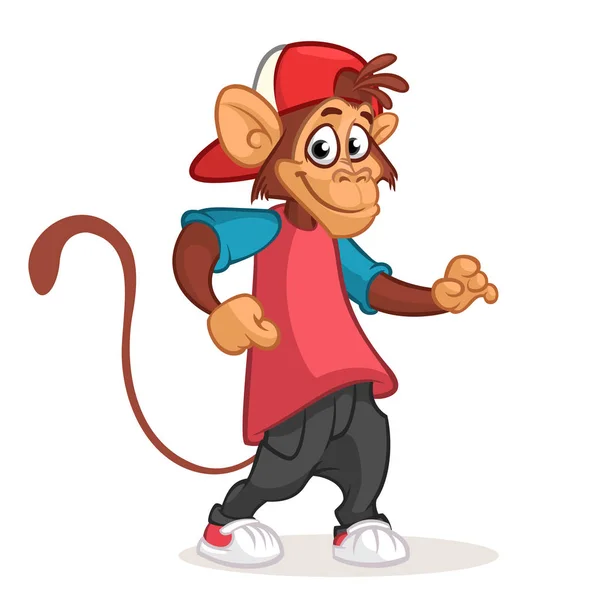 Cool monkey dancing in modern clothes. Vector flat cartoon illustration. Chimpanzee mascot — Stock Vector