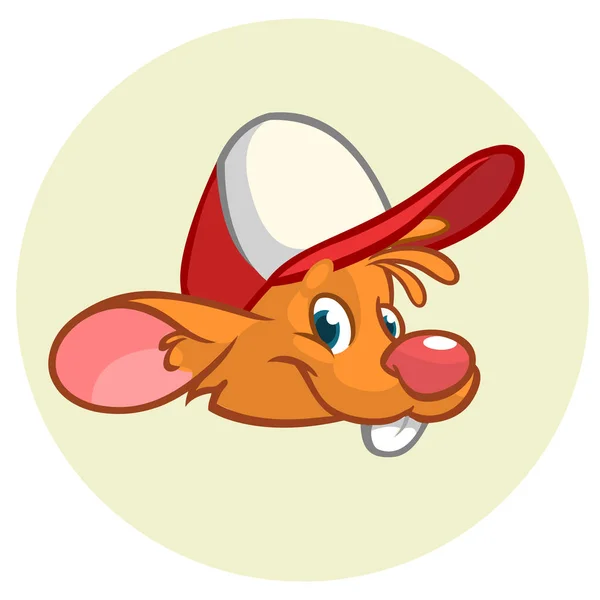 Feliz cabeça de rato dos desenhos animados. Ícone vetorial do rato hipster. Design para adesivo, ícone ou emblema —  Vetores de Stock