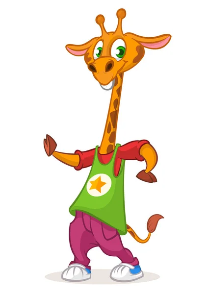 Baile de jirafa de dibujos animados. Ilustración vectorial de jirafa feliz bailando disco o hip-hop. Diseño para mascota, póster o icono — Vector de stock