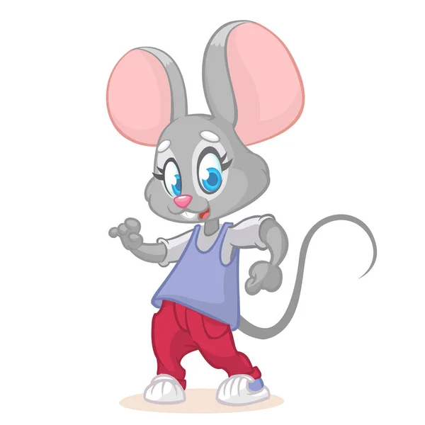Ilustrace tančící myši. Bokovky kreslená myš pózuje. Vektorový obrázek maskota pěkná myš — Stockový vektor
