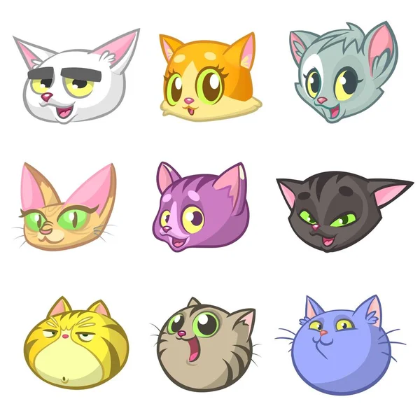 Cartoon Illustration of Different Happy Cats ot Kittens Heads Collection Set (dalam bahasa Inggris). Vektor pak ikon kucing berwarna-warni. Kartun sphynx, Maine Coon, siam, Inggris dan domestik - Stok Vektor