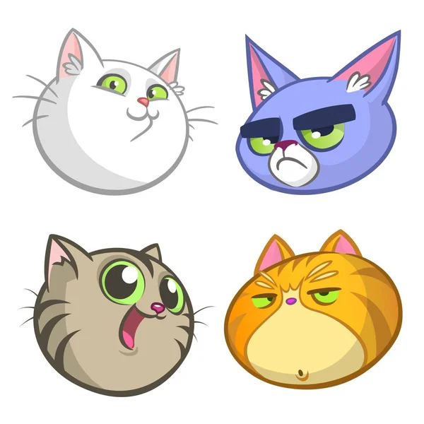 Kreslený obrázek vtipné kočky ot koťat hlavy Collection Set. Vektorové sada ikon, barevné kočky. Kreslený nevrlý, Maine Coon, siamská, britská a domácí — Stockový vektor