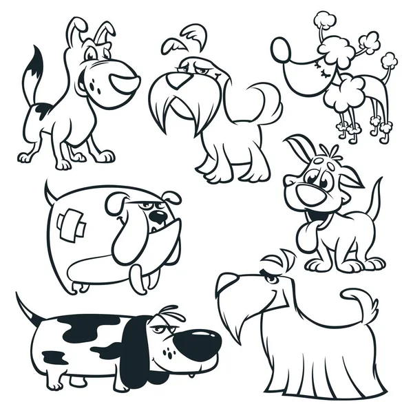 Zeichentrickhunde umrissen. Vektor-Illustrationen lustiger Hunde: Retriever, Dackel, Terrier, Pudel, Spaniel, Bulldogge, Basset Hound. Malbuch — Stockvektor