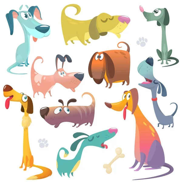 Cães dos desenhos animados preparados. Ilustrações vetoriais de ícones de cães. Retriever, dachshund, terrier, pitbull, spaniel, bulldog, basset hound, afghan hound — Vetor de Stock